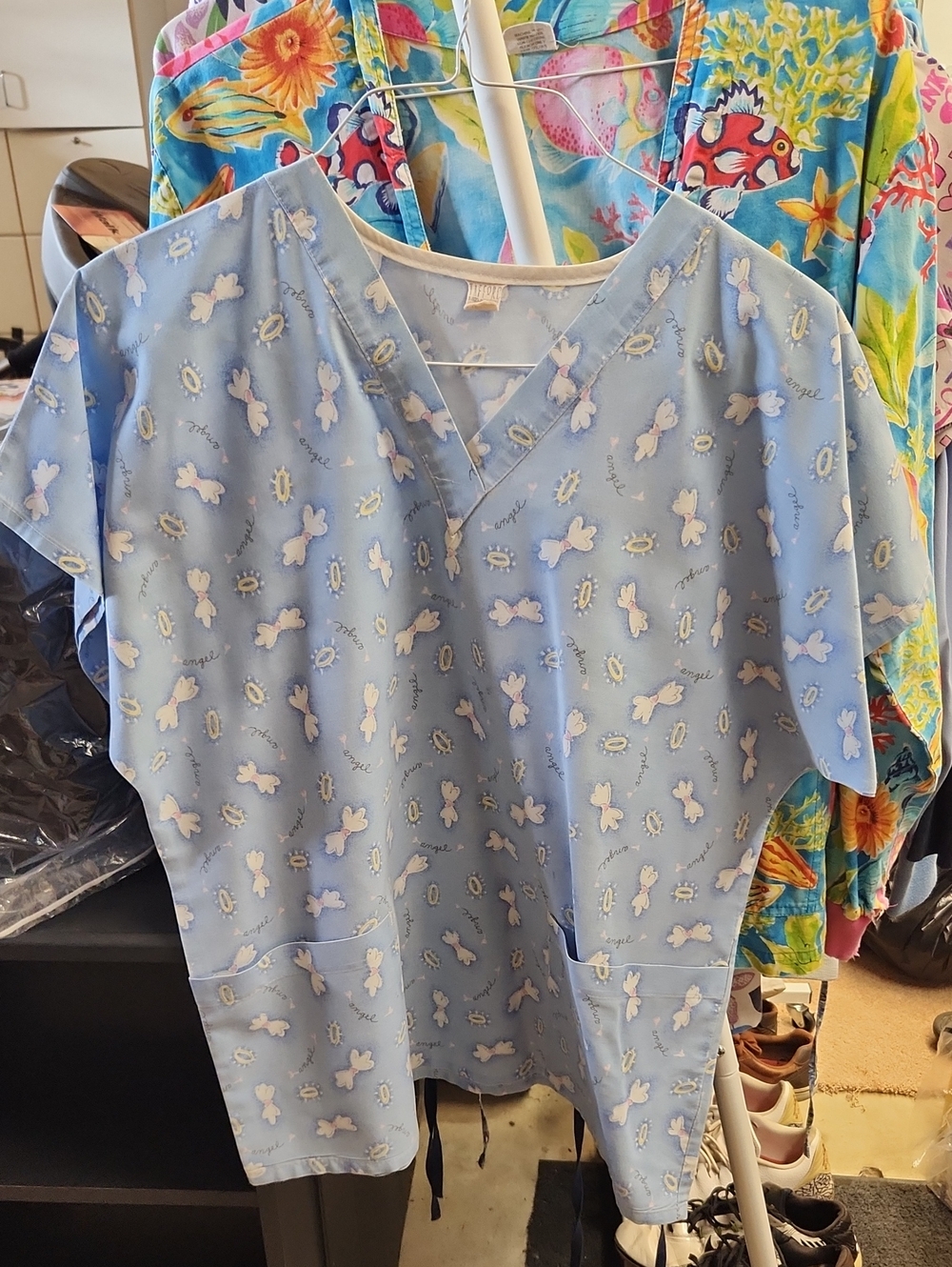 Womans Blue Angel Wing-Print Scrub Top